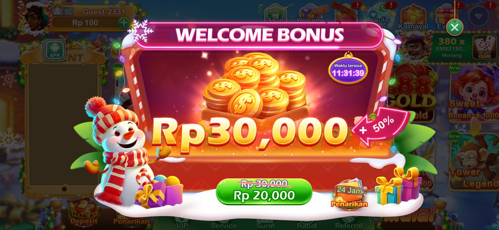 Bonus Selamat Datang: Dapatkan bonus Rp30.000 dengan tambahan +50%. Harga normal dicoret menjadi Rp20.000. Waktu tersisa untuk mengklaim bonus adalah 11:31:39. Terdapat keterangan 24 Jam Penarikan.